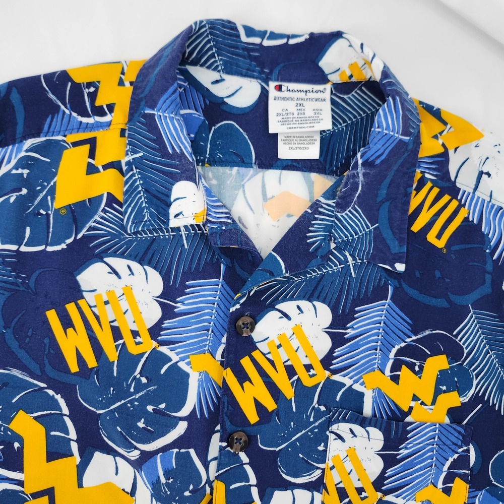 Champion Mens WVU Mountaineers Tropical Hawaiian Camp Shirt 2XL Blue Button Down